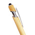 A bamboo pen with a chrome clip and a black tip, showcasing a natural wood finish. It features a logo.