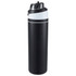 A drink bottle with a sleek black body and white top, featuring a flip straw and a logo.