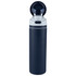 A drink bottle featuring a navy blue design, stainless steel construction, and a flip straw lid. It includes a logo.