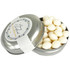A silver tin filled with white chewy mints, featuring a decorative label on the lid.