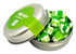 A tin container with a silver finish filled with green and white tiny humbug sweets. It has a logo on the lid.