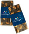 A chocolate bar with almonds arranged on top, wrapped in clear packaging featuring a logo and branding.
