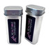 A silver tin with a hinged lid, featuring a black label and logo, showcasing a sleek, modern design.