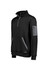 A black unisex pullover with a quarter zip, featuring front pockets and a sleeve pocket, and a logo.