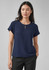 A navy blue women's short sleeve blouse with a keyhole neckline, featuring a relaxed fit and cuffed sleeves.