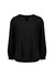 A black women's long sleeve blouse with a V-neck and gathered sleeves, featuring a subtle logo.