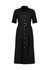 A black midi dress with short sleeves, button-down front, and a belt featuring a gold buckle. It has a logo present.