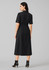 A black midi dress with short sleeves, a belted waist, and a sleek design. Features a logo on the back.