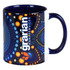 A ceramic coffee mug featuring a blue and white design with a vibrant, colourful pattern and a logo.