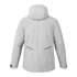A grey soft shell jacket for men with a hood, featuring a logo and subtle detailing on the back.