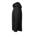 A black soft shell jacket with a hood, featuring zippered pockets and a sleek design. It has a brand logo on it.