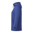 A blue women's soft shell jacket with a hood, featuring zippered pockets and an adjustable fit.