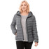 A grey puffer jacket with a hood and zip pockets, featuring a logo on the chest.