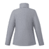 A grey women's insulated puffer jacket with a high collar and a smooth finish, featuring a logo on the back.