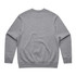 A grey jumper with long sleeves and a round neckline, featuring ribbed cuffs and hem. It has a logo on the back.
