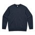 A navy blue sweatshirt with a classic crew neck and ribbed cuffs, featuring a logo on the tag.