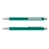 A metal pen in a vibrant teal colour with silver accents and a clip. The pen is shown from two angles.