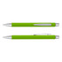 A green laser cut logo pen with silver accents and a clip, displayed from two angles.
