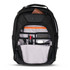 A black backpack with multiple compartments, featuring an orange zipper and organisational pockets for accessories and stationery.