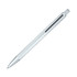 A white ballpoint pen with a clip and click action mechanism, featuring a sleek design.