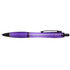 A purple pen with a black clip and a branding logo. The design features a sleek body for comfortable writing.