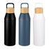 A drink bottle collection featuring black, navy, and white options, each with a bamboo lid and a logo.