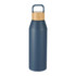 A drink bottle in navy blue with a bamboo lid, featuring a sleek design and carrying handle.
