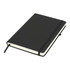 A black journal book with a plain cover, elastic band closure, and white pages. It includes a bookmark ribbon.