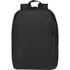 A black backpack with a minimalist design, featuring shoulder straps and a side pocket, and includes branding.