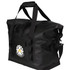A large black roll-top cooler with dual handles, shoulder strap, and a small front pocket featuring a logo.