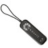 A black portable device with a lanyard and a logo. It has a sleek, rectangular shape.