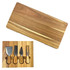 A wooden cheeseboard with a natural finish, featuring four metal cheese knives with wooden handles inside a compartment.