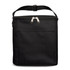 A black insulated cooler bag with a zippered top and a front pocket. It has an adjustable strap for easy carrying.