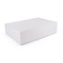 A plain white box with a smooth surface and no visible markings, featuring a rectangular shape and open edges.