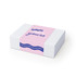 A white box with pink and blue design featuring a logo. The text includes playful phrases and a wrap-around band.