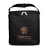 A black insulated cooler bag featuring a front pocket and a logo on the front. It has a zip closure and handle.