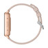 A slim smart watch with a rose gold case and a light pink strap, featuring a minimalist design and a fastening clip.