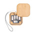 A bamboo case containing various charging cables and a wireless charger, with a silver strap.