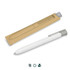 A white pen with a grey clip, presented alongside a light brown cardboard sleeve. The pen has a logo.