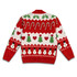 A red Christmas jumper featuring white snowmen, green trees, and festive patterns of hearts and candy canes.