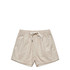 Light beige shorts with an elastic waistband and drawstring detail. Features a logo on the waistband.
