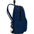 A navy laptop backpack features a sleek design, adjustable straps, and side pockets. It has a logo on it.
