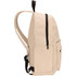 A beige laptop backpack with adjustable straps, a main zip compartment, and a front pocket. It features a logo.