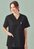 A unisex black V-neck scrub top featuring short sleeves and a front pocket, with a logo on it.