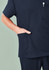 A navy unisex V-neck scrub top featuring short sleeves and a pocket, with branding visible.