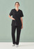 A unisex set of black scrub top and straight leg scrub pants with a logo on the top.