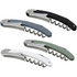 A set of four waitress knives in black, blue, green, and white, featuring a corkscrew and stainless steel accents.