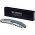 A grey waitress knife with a silver corkscrew, presented in a black box featuring a logo.