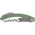 A green waitress knife with a stainless steel corkscrew and a bottle opener. It features a curved handle design.
