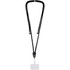 A black phone lanyard with a round fastener and a clear name tag holder at the bottom.